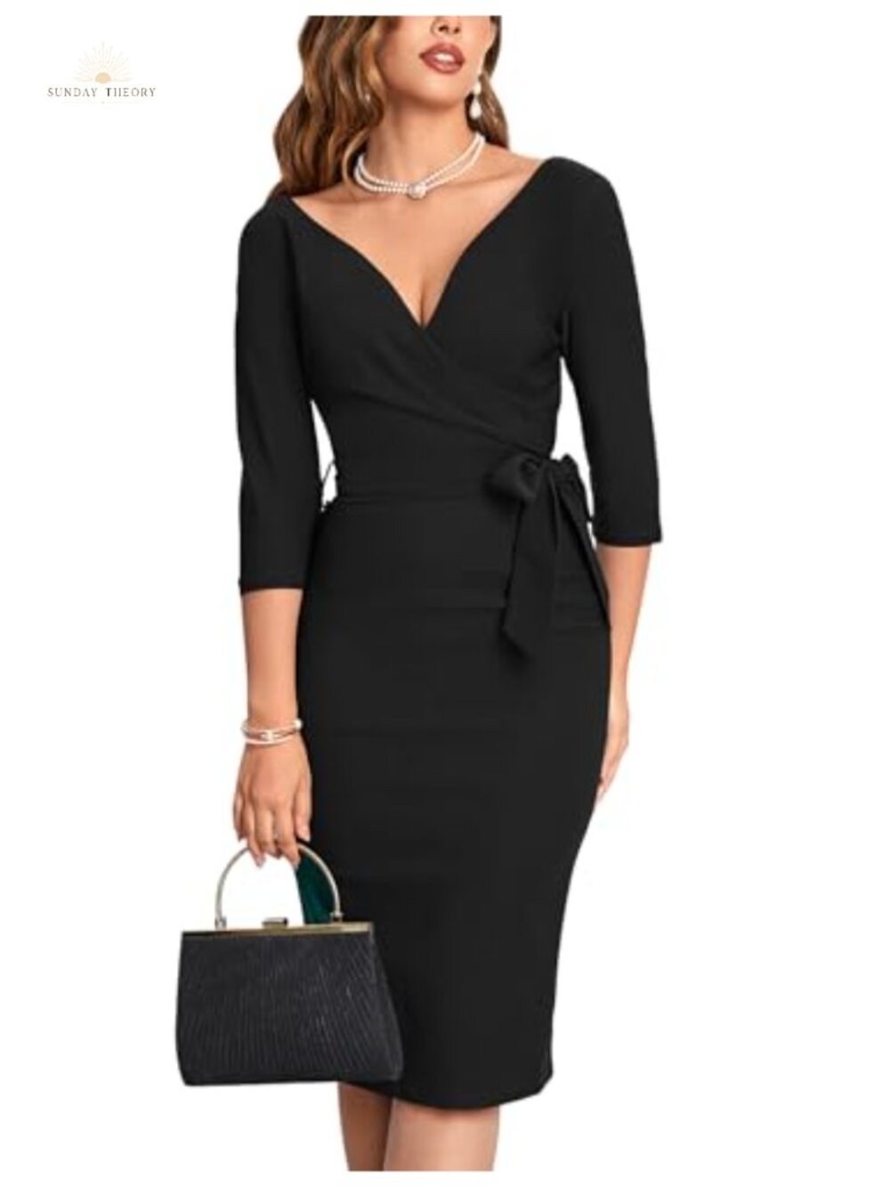 Vintage Faux Wrap V Neck Formal Work Pencil Dress with Belt